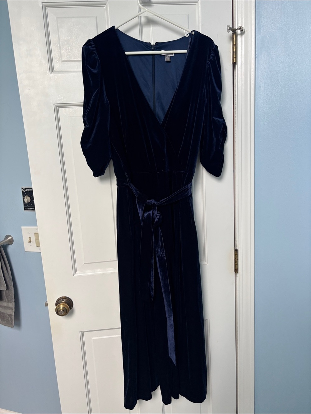 Chelsea28 Navy Velvet V-Neck Jumpsuit with Tie Waist